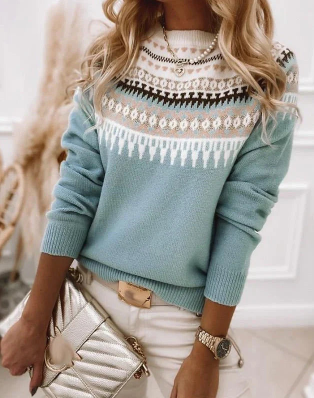 Women's Knit Sweater - Fair Isle Pattern - Round Neck - Soft and Warm
