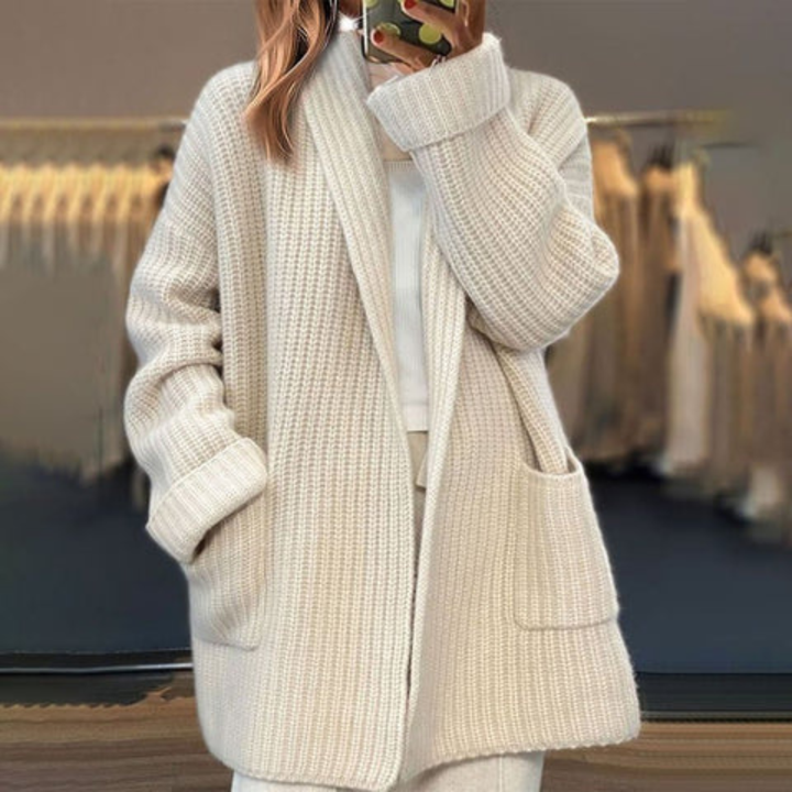 Women's Knitted Cardigan - Open Front - Chunky Knit - Long Sleeves - With Large Pockets