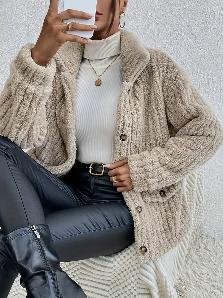 Women's Teddy Coat - Soft Faux Fur - Button Closure - Relaxed Fit - Stylish Design