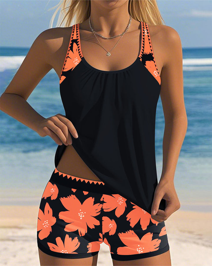 Sleeveless Tankini with U-Neck and Boxer Pattern