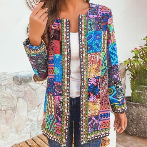 Women's Patchwork Jacket - Open Front - Long-Sleeved - Light and Stylish