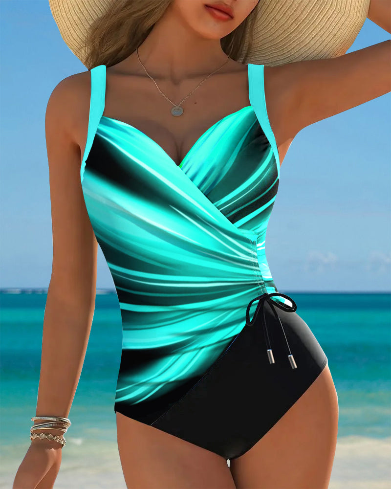 One-Piece Swimsuit with Lacing Details and Contrasting Color Accents