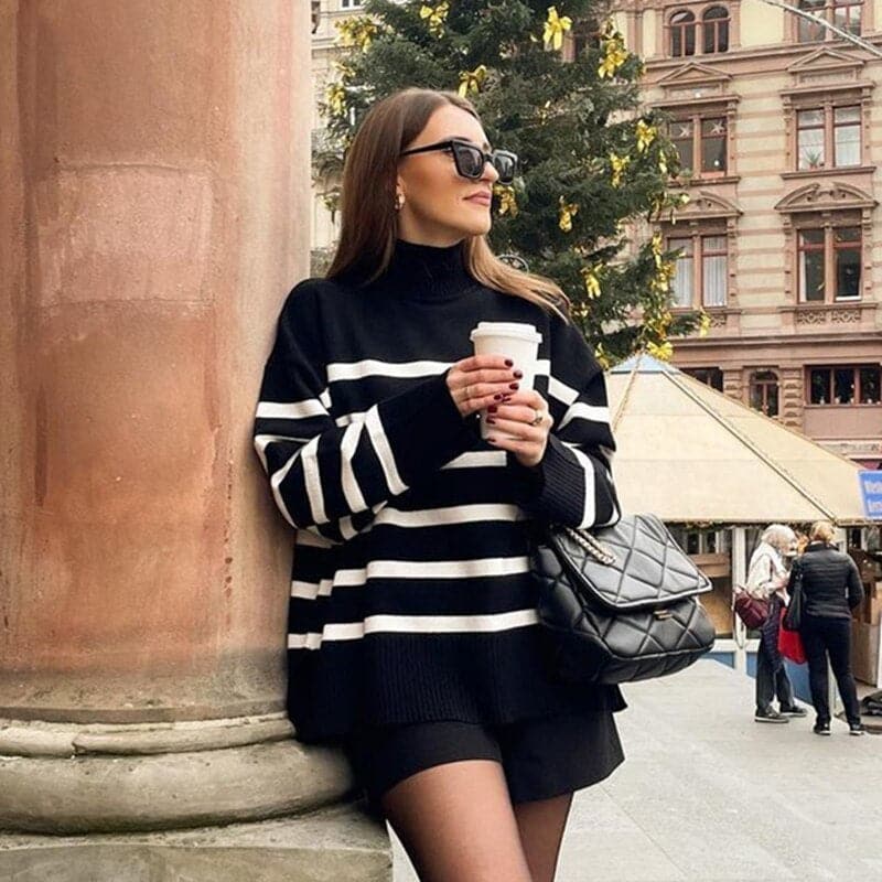 Women's Knit Sweater - Oversized Fit - High Collar - Soft Knitted Stripes