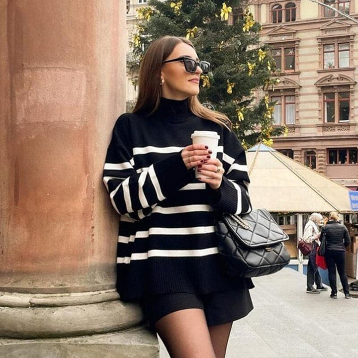 Women's Knit Sweater - Oversized Fit - High Collar - Soft Knitted Stripes