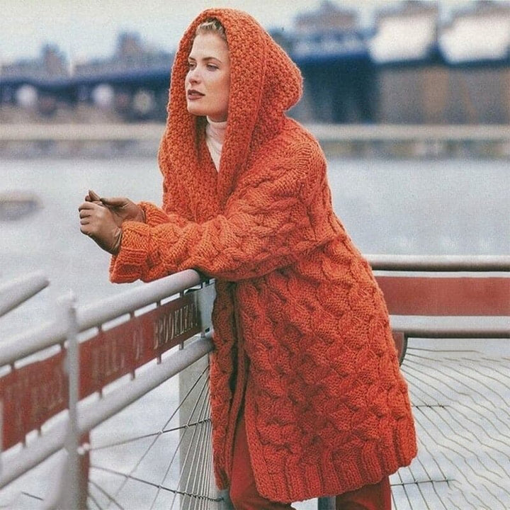 Women's Knitted Cardigan - Long Model - Cable Knit with Hood - Open Front