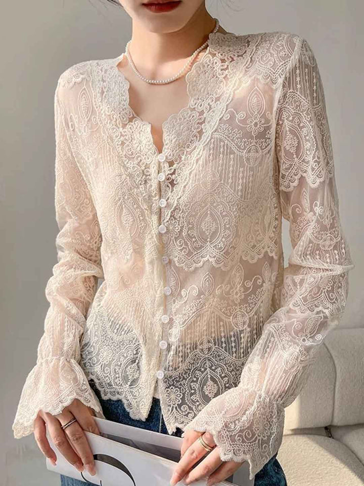 Hannah Slim V-Neck Hollowed Lace Top