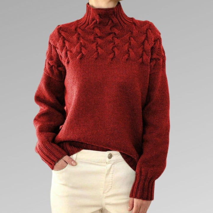 Women's Knit Sweater - Soft Wool Blend - Cable Knit & Ribbed Details - High Collar