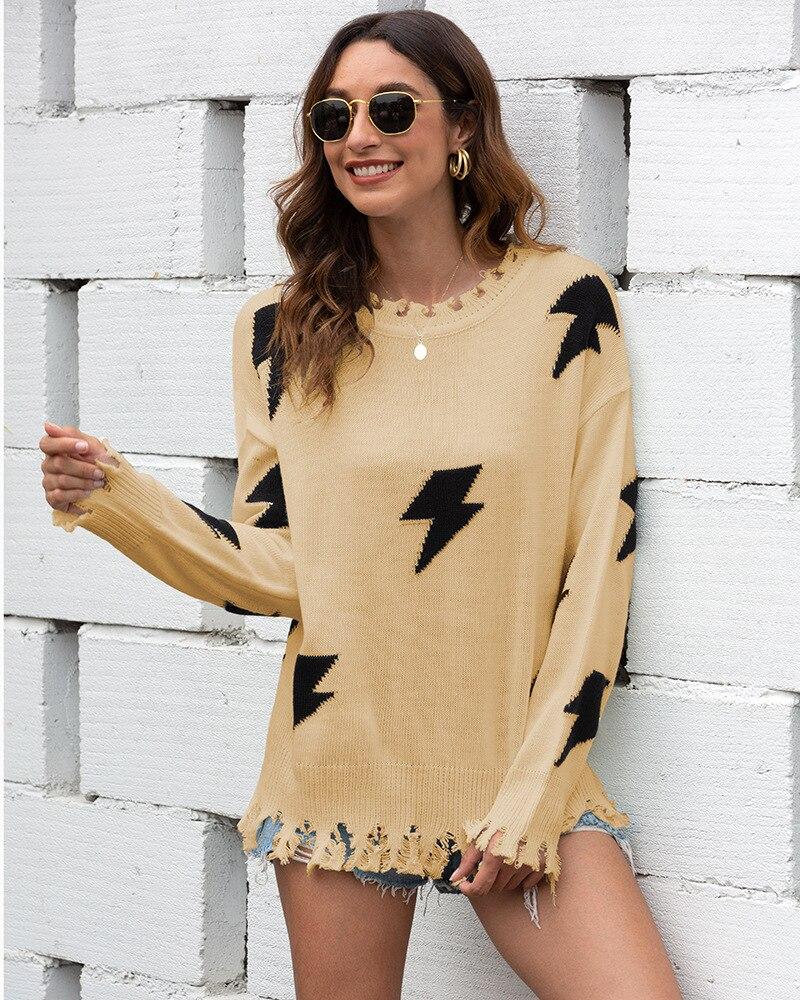 Women's Knit Sweater - Relaxed Fit - Lightning Pattern & Fringe Hem