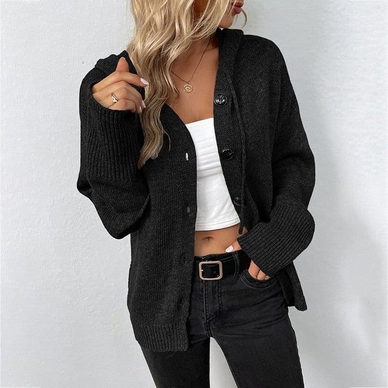 Women's Knit Cardigan - Soft and Warm - With Hood and Button Closure - Relaxed Fit