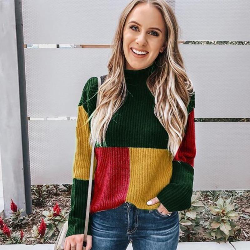 Women's Knit Sweater - Oversized Fit - Block Patterned - Soft and Warm
