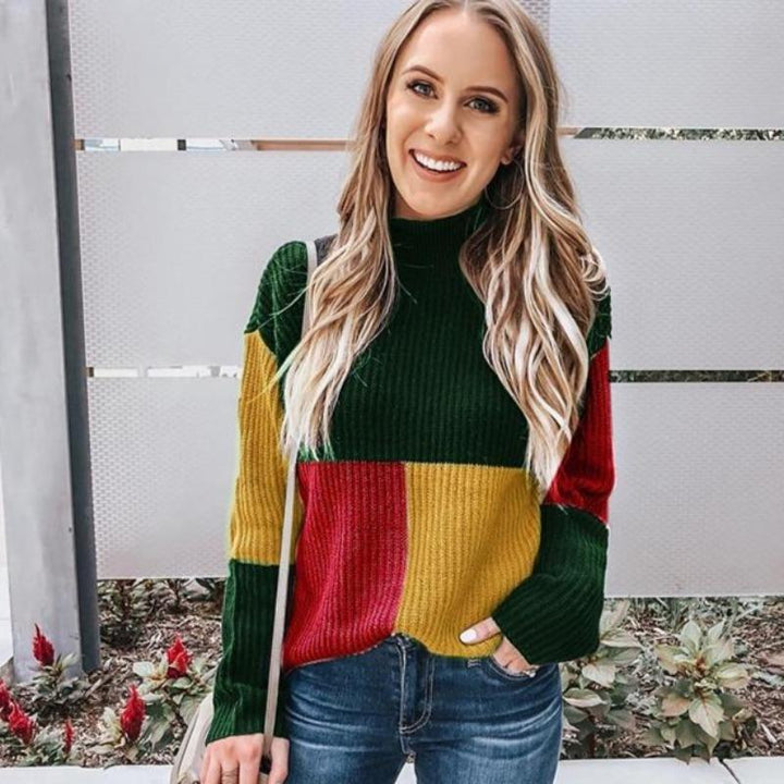 Women's Knit Sweater - Oversized Fit - Block Patterned - Soft and Warm