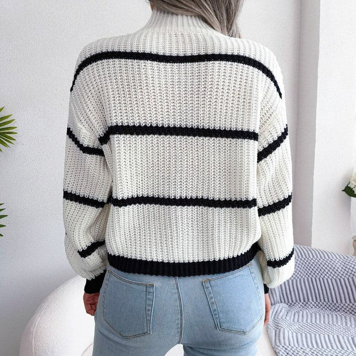 Women's Knit Sweater - Soft Ribbed Turtleneck - Relaxed Fit - Classic Stripes