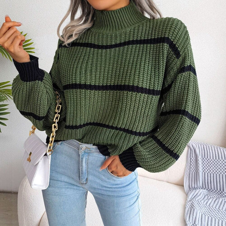Women's Knit Sweater - Soft Ribbed Turtleneck - Relaxed Fit - Classic Stripes