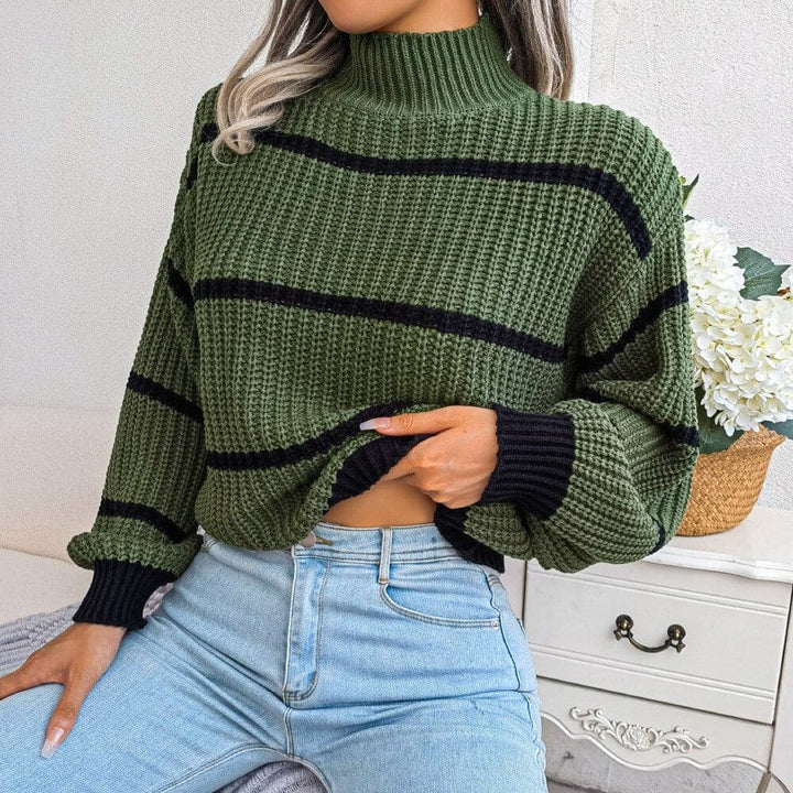 Women's Knit Sweater - Soft Ribbed Turtleneck - Relaxed Fit - Classic Stripes