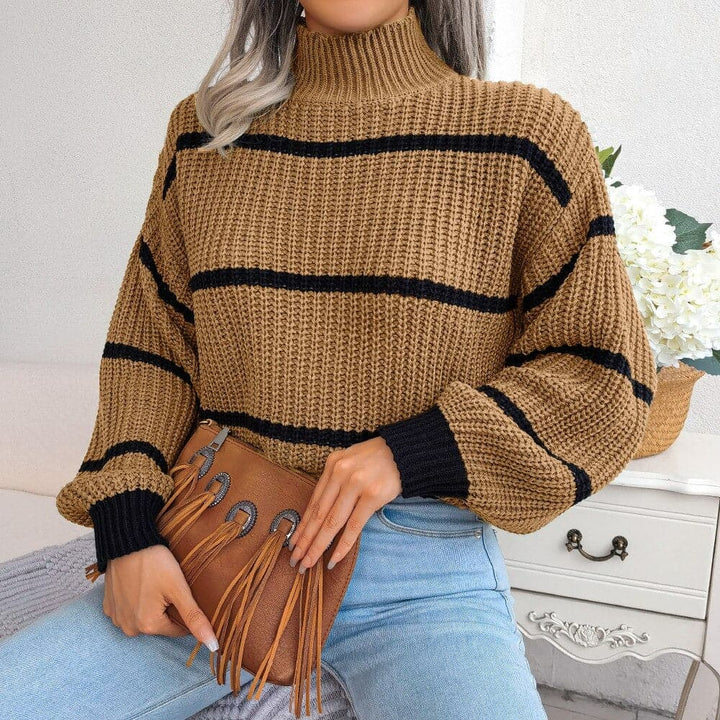 Women's Knit Sweater - Soft Ribbed Turtleneck - Relaxed Fit - Classic Stripes