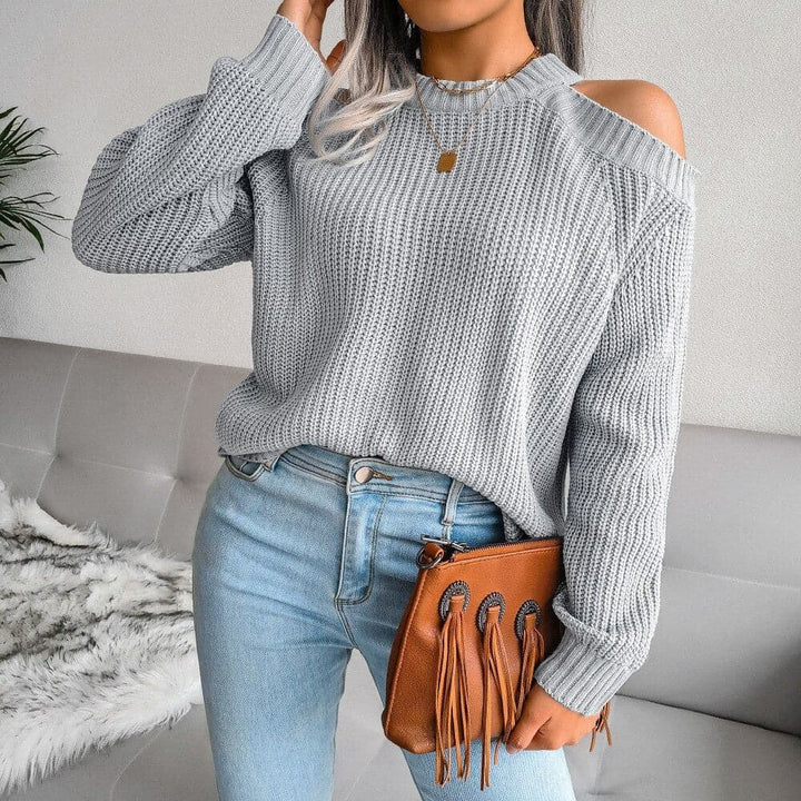 Women's Knit Sweater - Soft Cotton - Cold Shoulder Design - Relaxed Fit