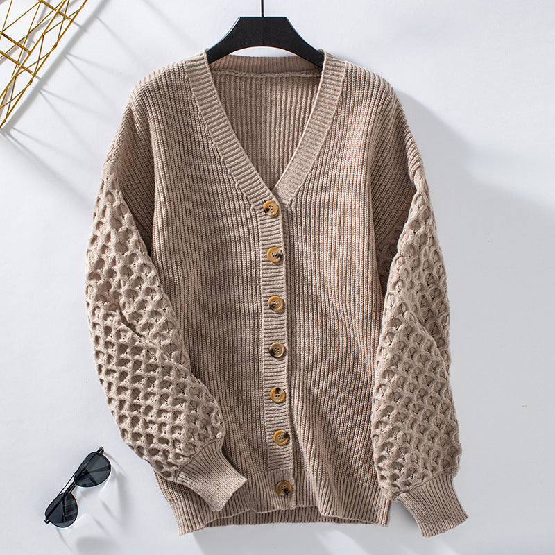 Women's Cardigan - V-Neck Knit - Button Closure - Balloon Sleeves - Relaxed Fit