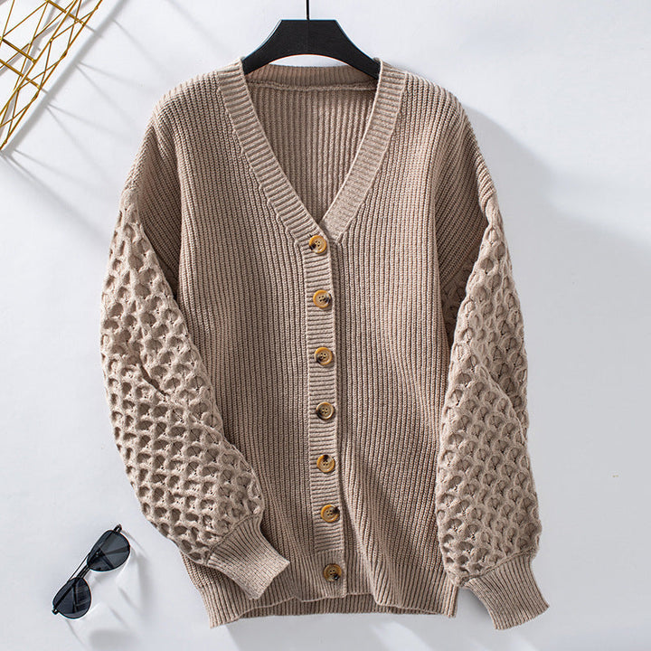 Women's Cardigan - V-Neck Knit - Button Closure - Balloon Sleeves - Relaxed Fit