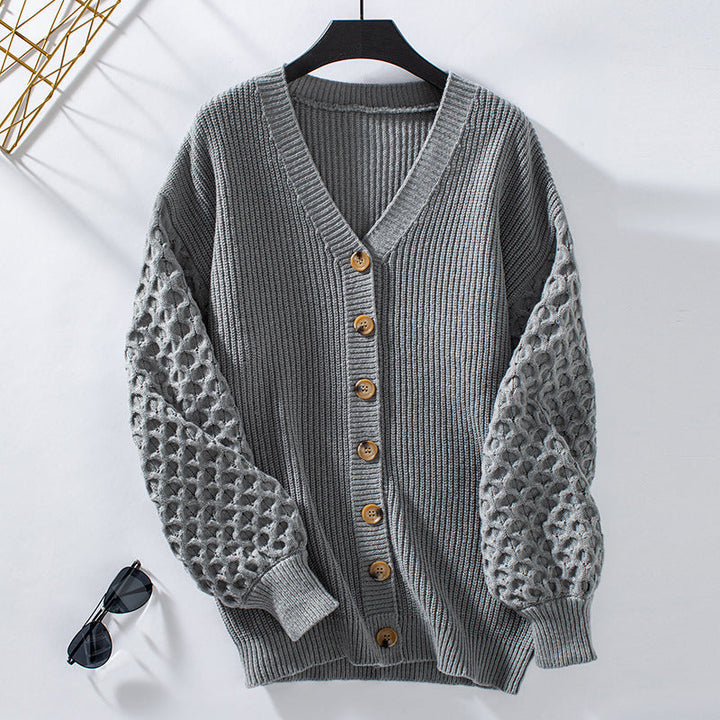 Women's Cardigan - V-Neck Knit - Button Closure - Balloon Sleeves - Relaxed Fit
