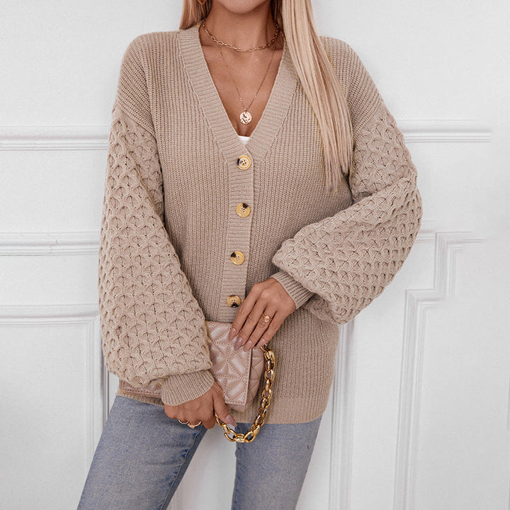Women's Cardigan - V-Neck Knit - Button Closure - Balloon Sleeves - Relaxed Fit