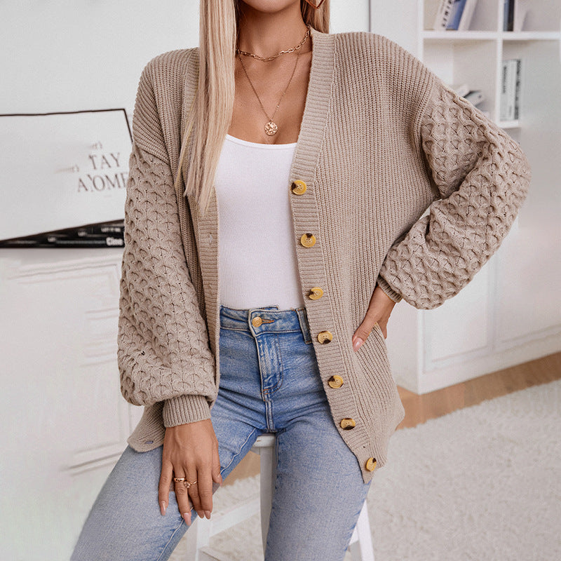 Women's Cardigan - V-Neck Knit - Button Closure - Balloon Sleeves - Relaxed Fit