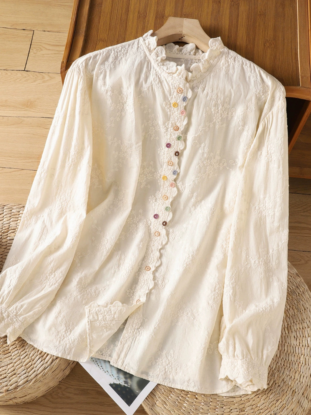 Sophia Classic Ruffle Collar Hollowed Embroidered Top