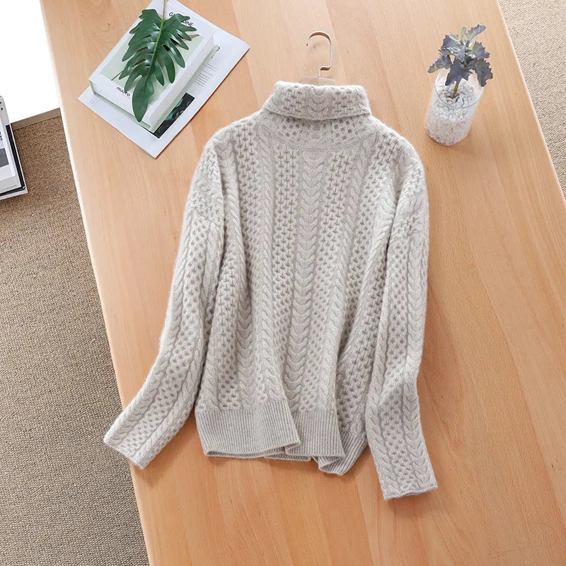 Women's Knit Sweater - Soft Wool - High Neck - Cable Knit Comfortable Warm