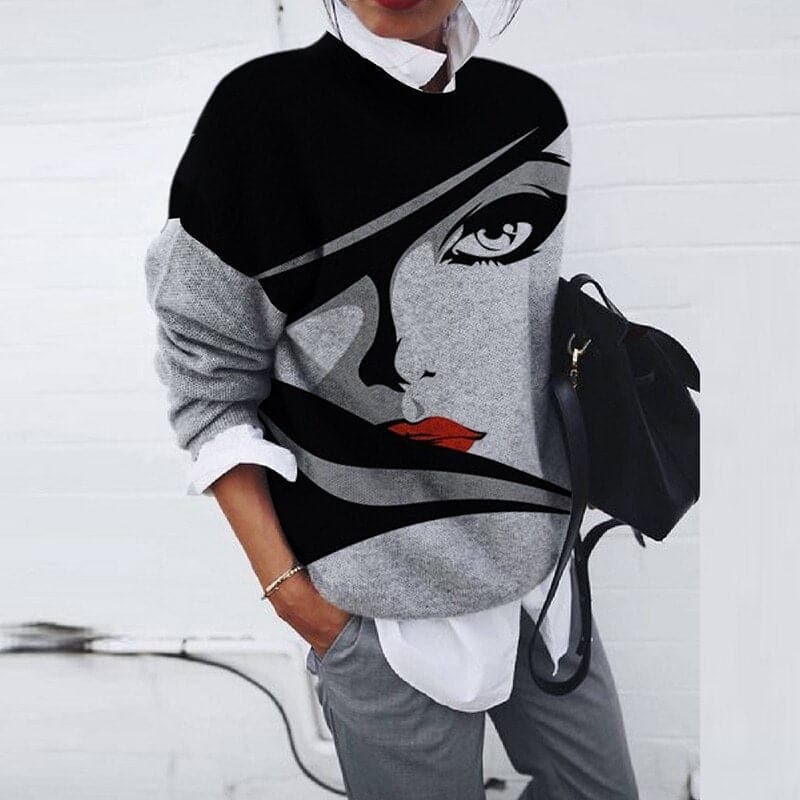 Women's Sweatshirt - Relaxed Fit - Graphic Print - Long-Sleeved Round Neck