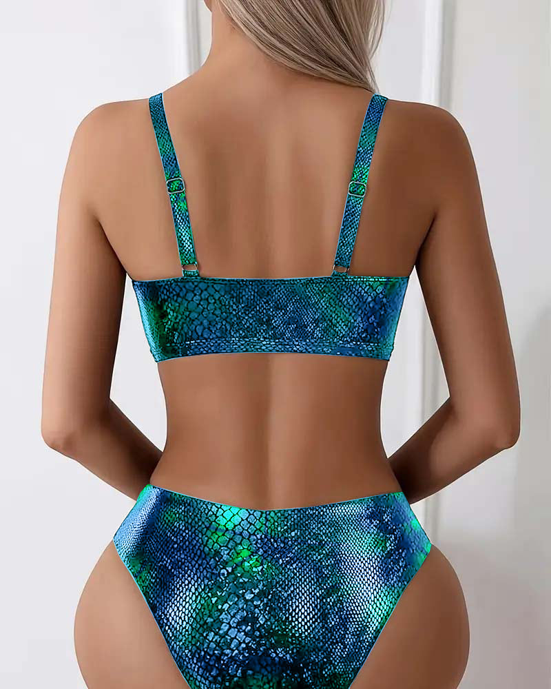 Triangle Cut High-Waisted Bikini Top with Snake Print