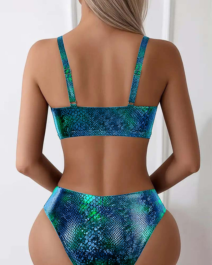 Triangle Cut High-Waisted Bikini Top with Snake Print