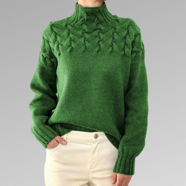 Women's Knit Sweater - Soft Wool Blend - Cable Knit & Ribbed Details - High Collar