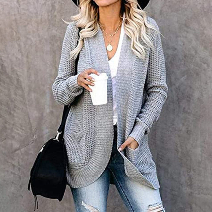 Women's Knitted Cardigan - Long-Sleeved Loose Fit - Open Front with Large Pockets