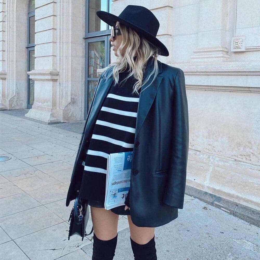Women's Knit Sweater - Oversized Fit - High Collar - Soft Knitted Stripes