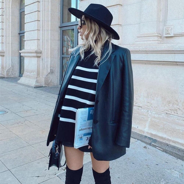 Women's Knit Sweater - Oversized Fit - High Collar - Soft Knitted Stripes