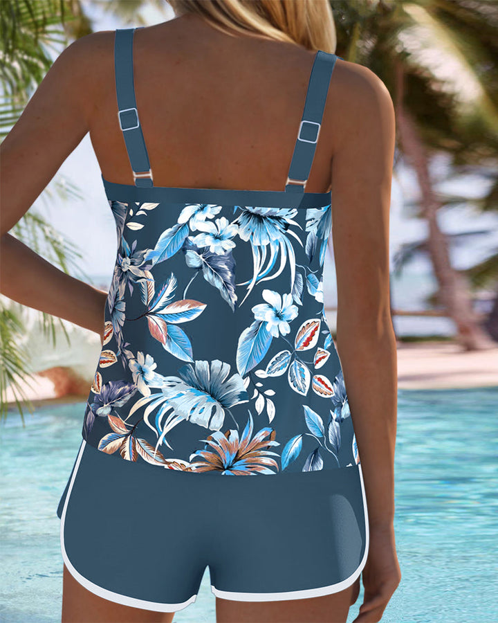 Sleeveless Tankini with U-Neckline and Pattern Design
