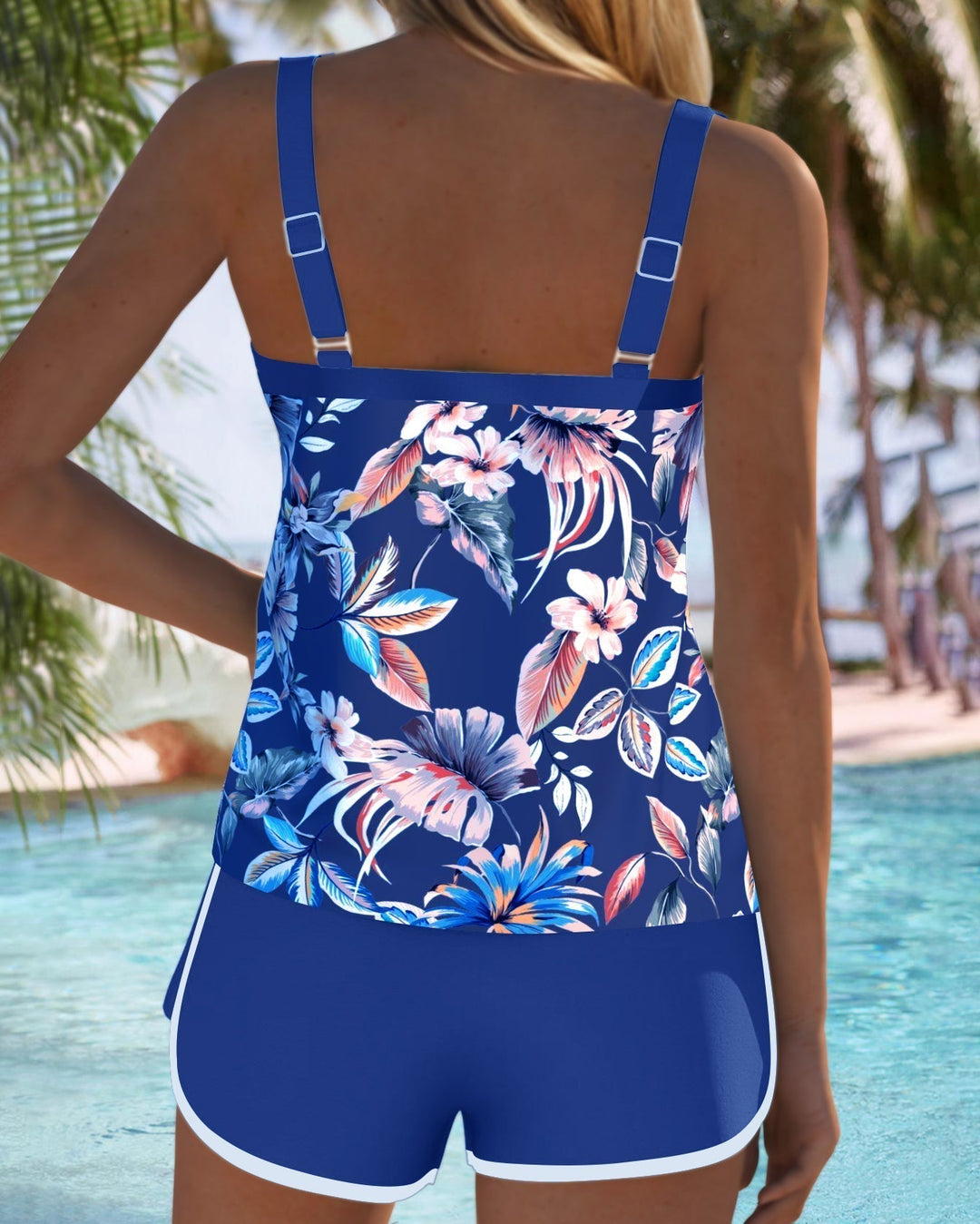 Sleeveless Tankini with U-Neckline and Pattern Design