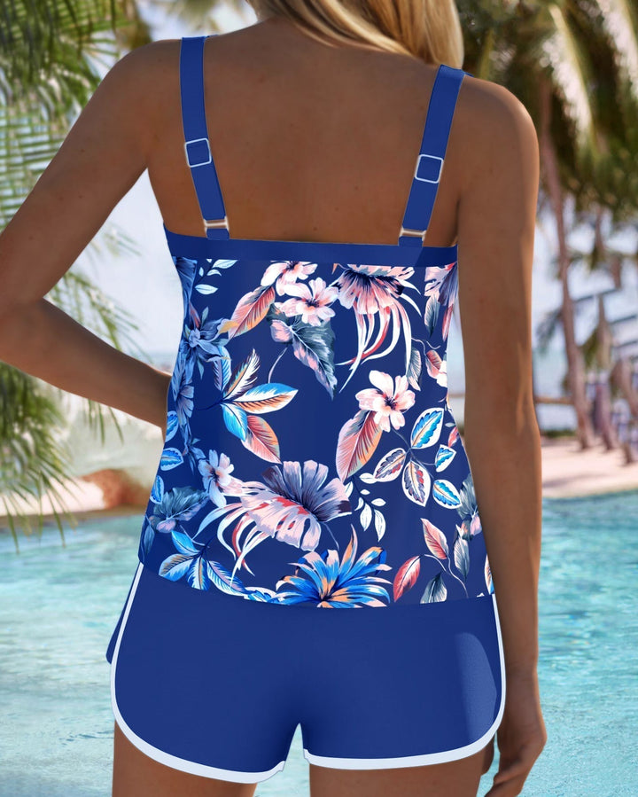 Sleeveless Tankini with U-Neckline and Pattern Design