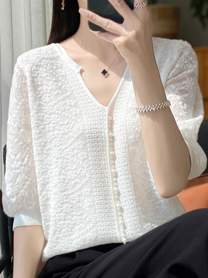 Alexis Retro V-Neck Lantern Sleeve Organza Top