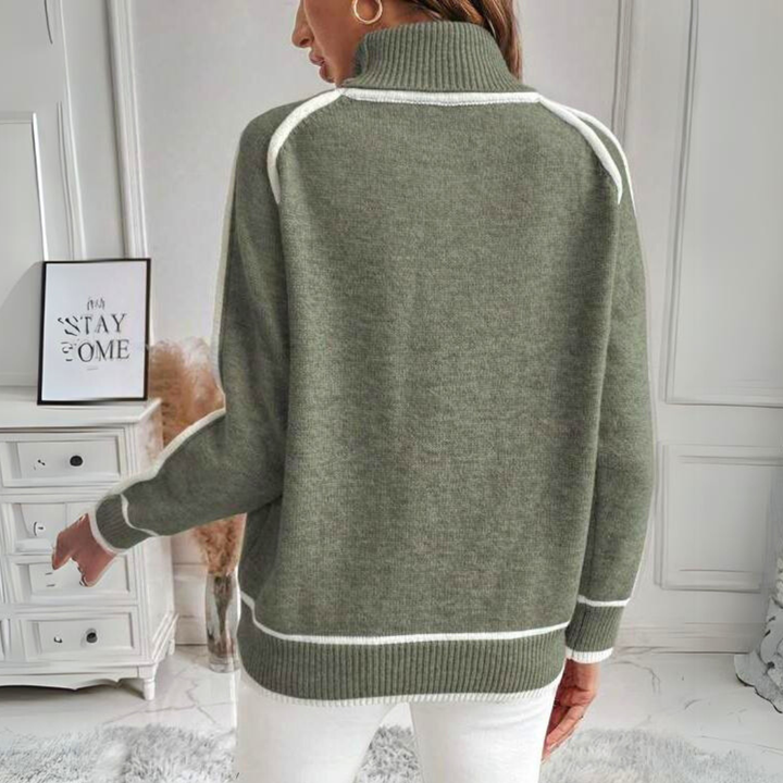 Women's Turtleneck Sweater - Relaxed Fit - Long Sleeves - Contrast Details