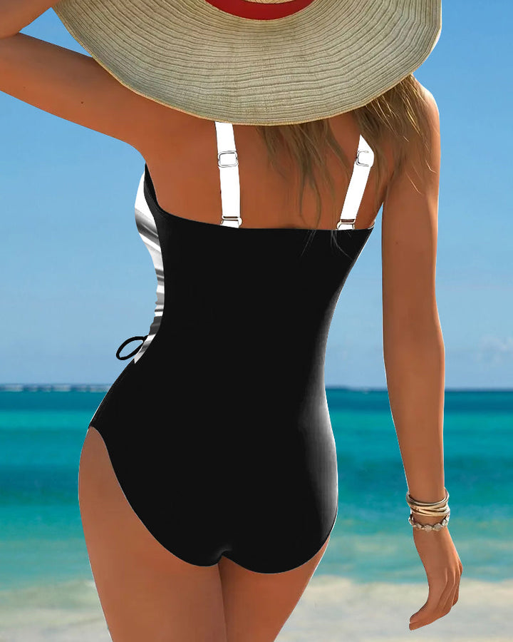One-Piece Swimsuit with Lacing Details and Contrasting Color Accents