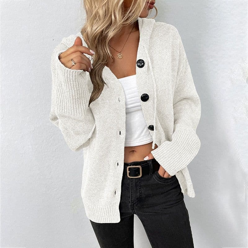 Women's Knit Cardigan - Soft and Warm - With Hood and Button Closure - Relaxed Fit