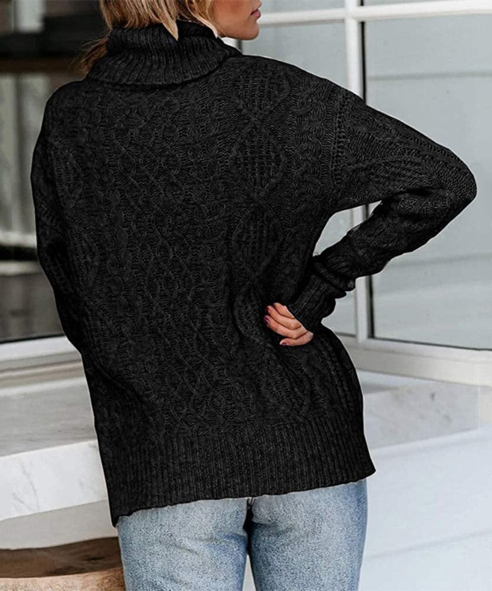 Women's Knit Sweater - High Neck Turtleneck - Soft Cable Knit - Long-Sleeved Relaxed Fit