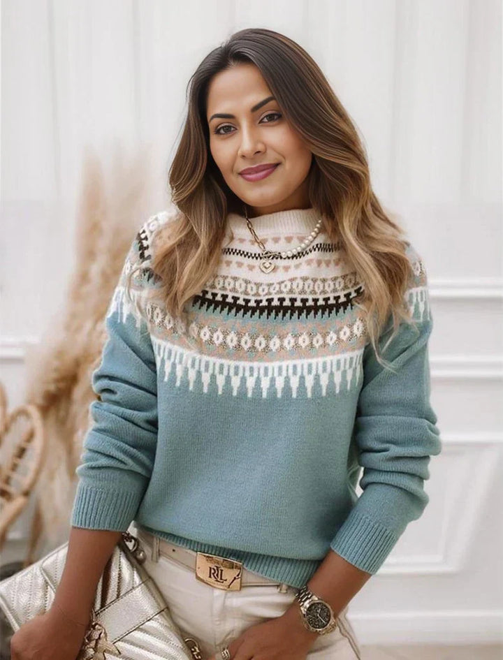 Women's Knit Sweater - Fair Isle Pattern - Round Neck - Soft and Warm