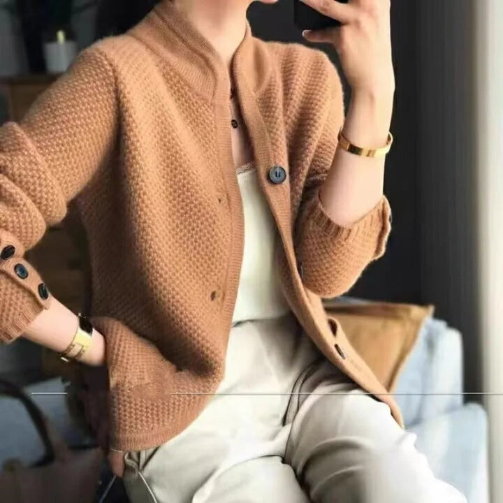 Women's Cardigan – Knitted Pattern – Button Closure – High Neck – With Pockets