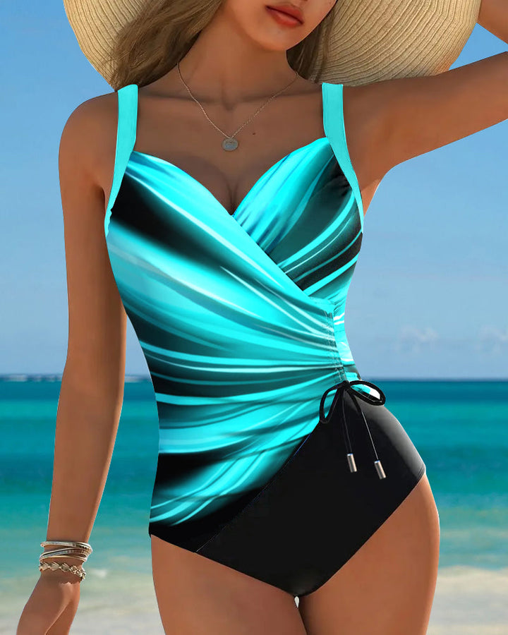 One-Piece Swimsuit with Lacing Details and Contrasting Color Accents