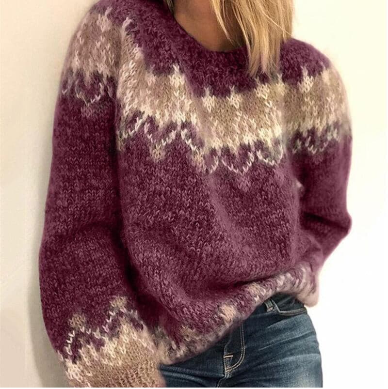 Women's Knit Sweater - Soft Wool Blend - Oversized Fit - Round Neck - Nordic Pattern