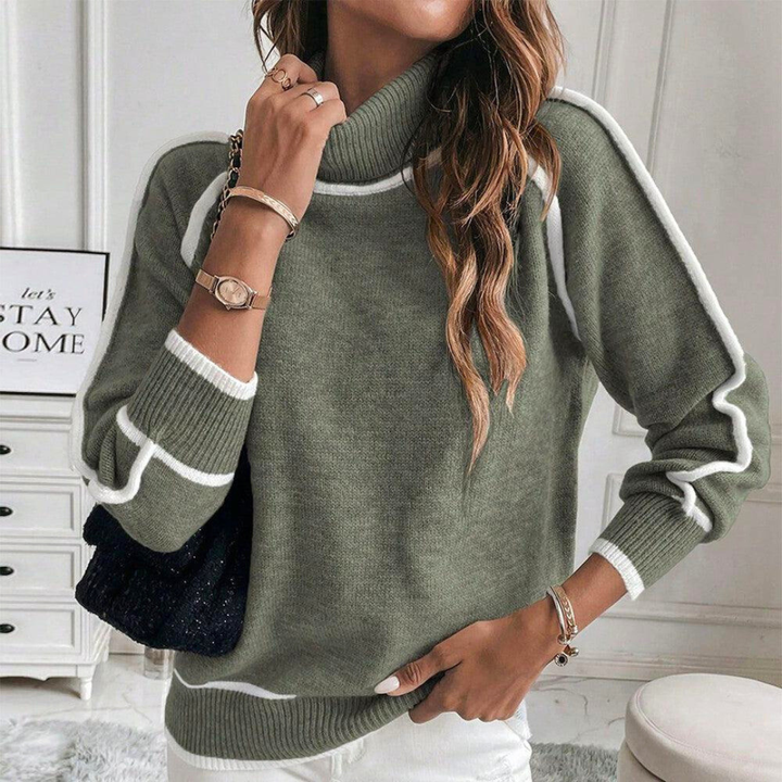 Women's Turtleneck Sweater - Relaxed Fit - Long Sleeves - Contrast Details