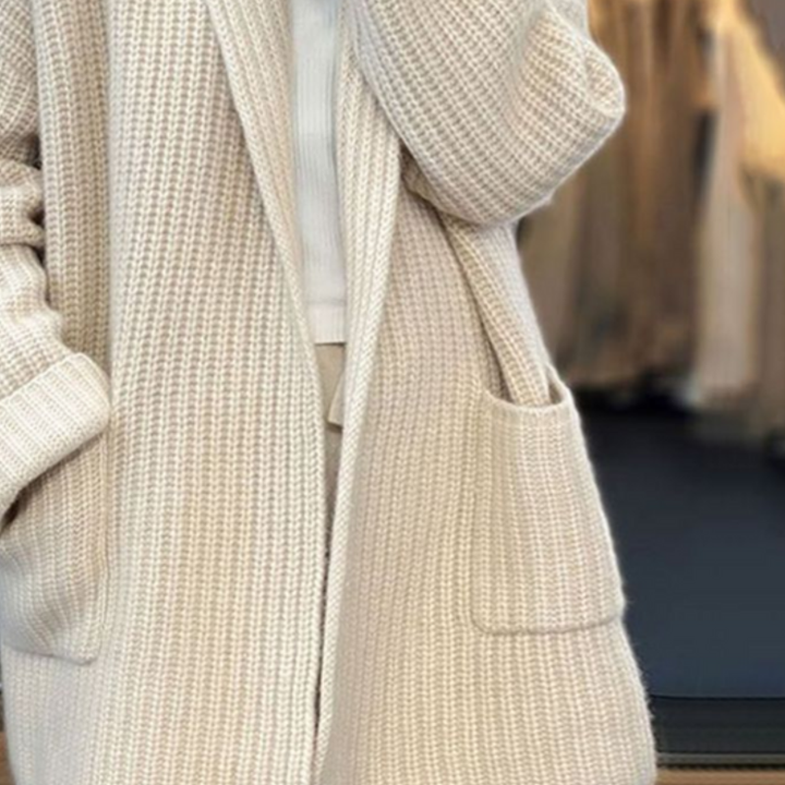 Women's Knitted Cardigan - Open Front - Chunky Knit - Long Sleeves - With Large Pockets