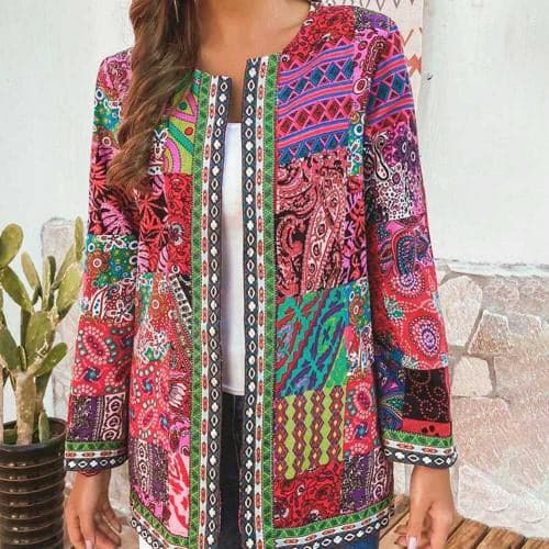 Women's Patchwork Jacket - Open Front - Long-Sleeved - Light and Stylish