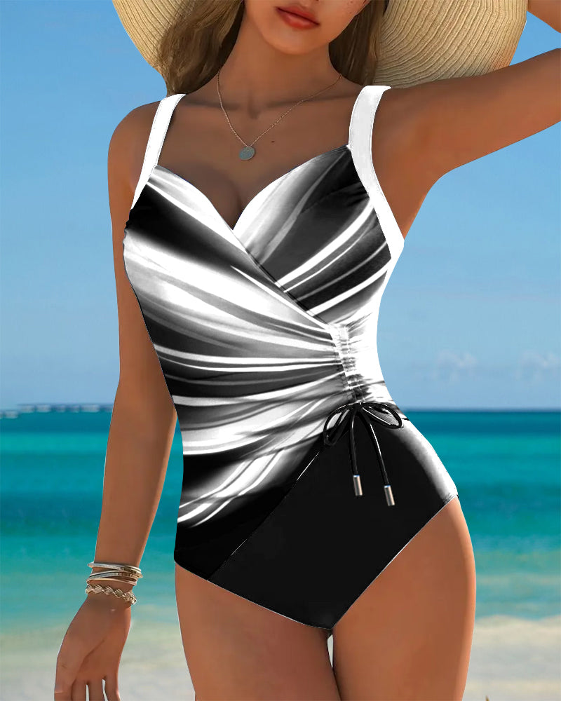 One-Piece Swimsuit with Lacing Details and Contrasting Color Accents